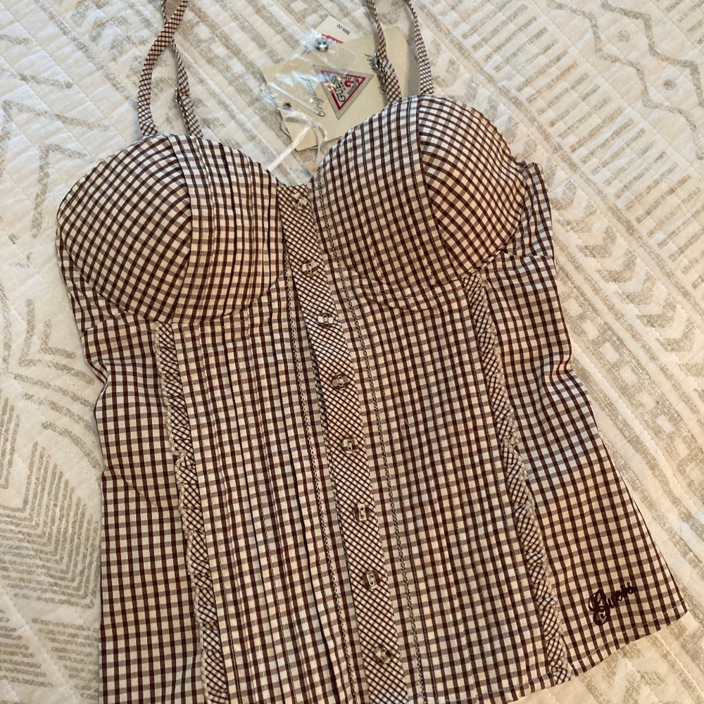 NWT Guess Gingham Brown Rosewood Bustier Top Fall Plaid Western Feminine Sz XS
